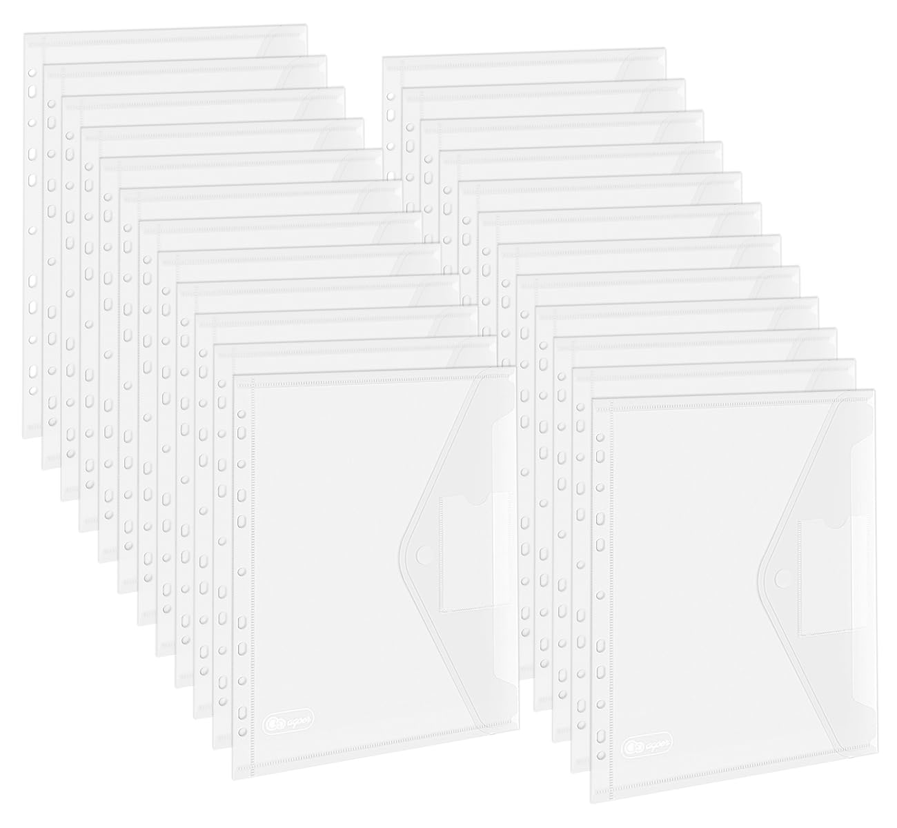 Agoer 36 Pack Plastic Wallets A4 Punched, 11 Holes Binder Pockets for 2/3/4 Ring Binder, Clear File Folders with Label Pockets, Sturdy Waterproof Hook and Loop Closure for Home Office School
