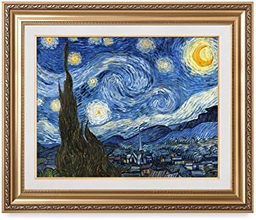 IPIC - Starry Night , Vincent Van Gogh Art Reproduction. Giclee Canvas Prints Wall Art with classic golden frame. Screen Size:30X16",Framed Size: 36x30"