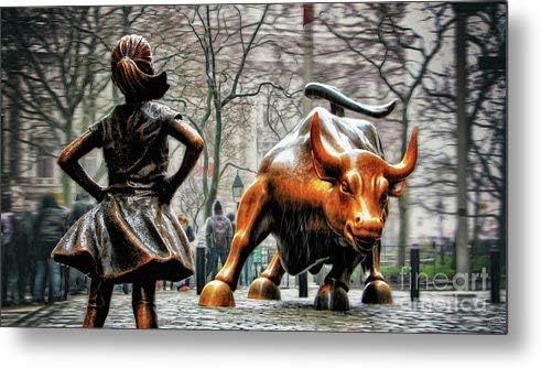 KPSheng Fearless Girl and Wall Street Bull Statues Metal Sign 8x12