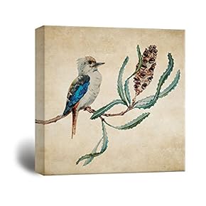 Square Canvas Wall Art - Vintage Style Watercolor Bird and Plant - Giclee Print Gallery Wrap Modern Home Art Ready to Hang - 12x12 inches