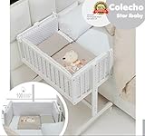 CUNA COLECHO COMPLETA. Incluye: Edredon desmontable con relleno + Cojín almohada + 2 Protectores con cremallera + Colchón minicuna + 4 ruedas con freno.