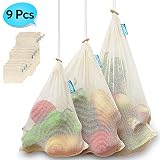 Reusable Produce Bags, SYNERKY Vegetable Bags Natural Cotton Mesh is Biodegradable Recyclable Packaging Machine Washable Tare Weight on Label Zero Waste, Set of 9, Small-Medium-Large