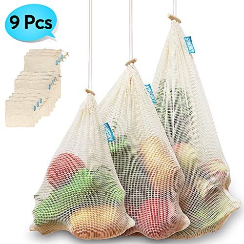 Reusable Produce Bags, SYNERKY Vegetable Bags Natural Cotton Mesh is Biodegradable Recyclable Packaging Machine Washable Tare Weight on Label Zero Waste, Set of 9, Small-Medium-Large