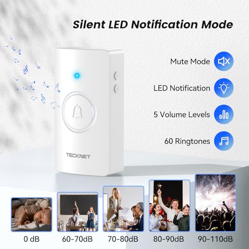 TECKNET Wireless Doorbell, Door Bells Wireless IP65 Waterproof Battery Operated Cordless Door Chime Kit up to 1300ft Long Range with 60 Melodies & 5-Level Volume, LED Flash, 4.5 Year Battery Life