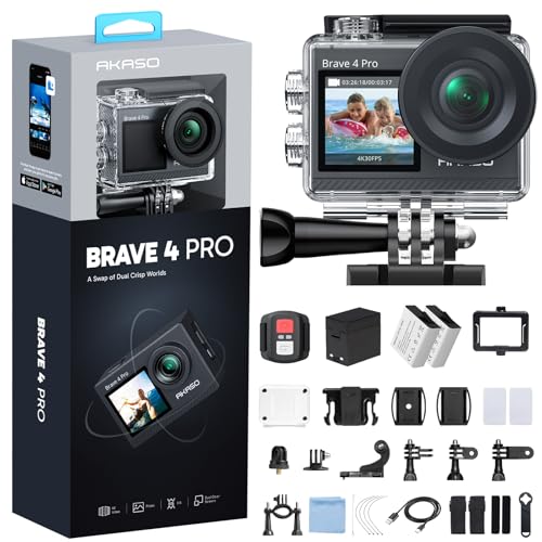 AKASO Brave 4 Pro (Versión para MX) Cámara de Acción 4K 20MP Cámara Deportiva EIS 5xZoom Doble Pantalla Cámara Acuática Sumergible 40M con Micrófono Externo Control Remoto 2 Baterías Kit de Accesorio