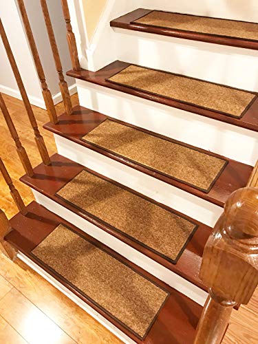 Gloria Rug - Stair Treads - Beautifully Designed Outdoor Skid Resistant Stair Treads Non Slip Set of 7 (8.5" x 26") Stair Mats with Rubber Backing (Solid Beige)