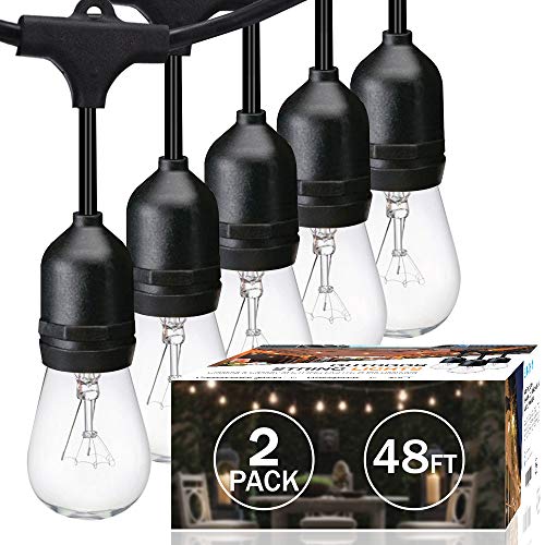 2-Pack SUNTHIN 48ft String of Lights with 15 x E26 Sockets and Hanging Loops, 18 x 11 Watt S14 Bulbs (3 Spares) -Indoor/Outdoor String Lights, Commercial String Lights, Patio Lights, Light Strings