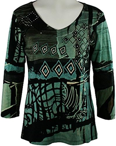 Katina Marie - Abstract Patterns, 3/4 Sleeve Swarovski Crystal V-Neck Top