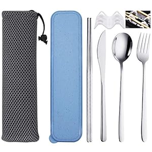 SITAKE 4 Piezas de Cubiertos para Llevar, Cubiertos Camping de Acero Inoxidable con Estuche y Bolsa de Almacenamiento, Juego de Palillos de Cuchillo, Tenedor y Cuchara para Oficina (Color-D)