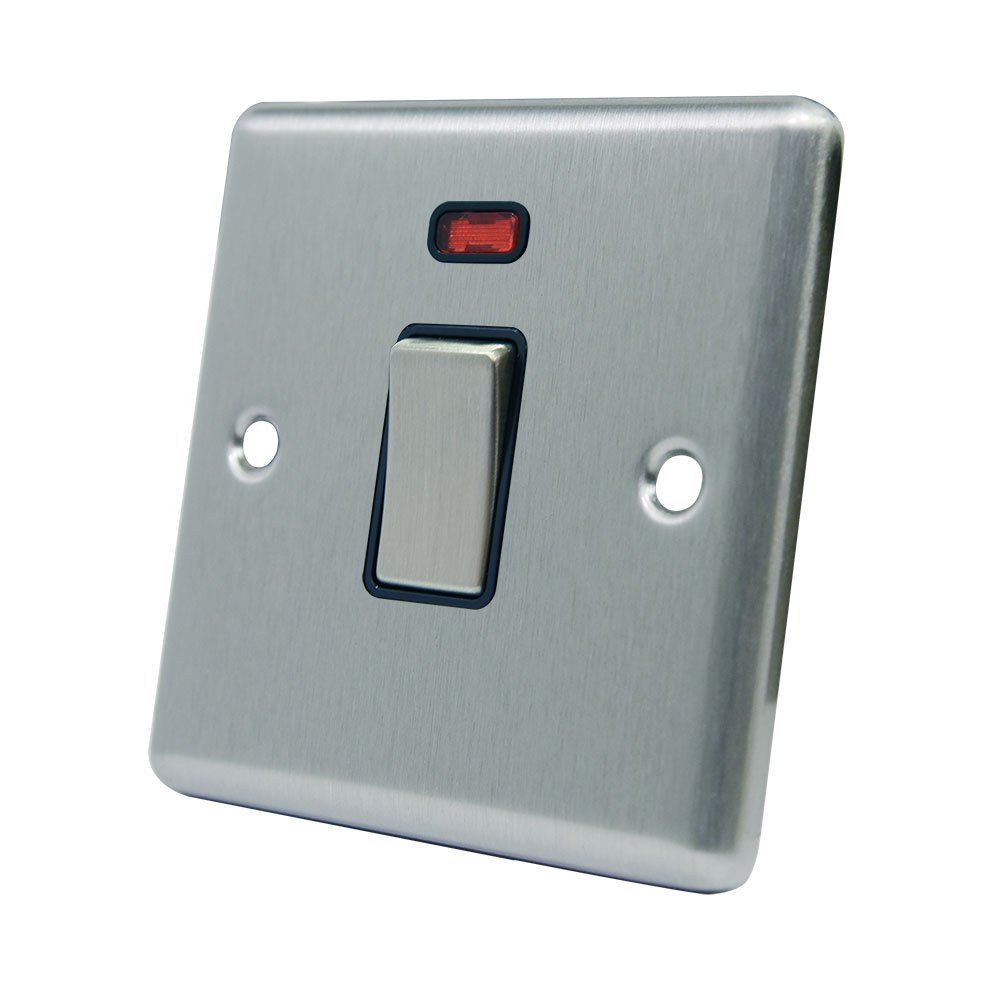 AET CSC20ASWIBS 20 A Satin Finish Chrome Classical Double Pole Black Insert Metal Rocker Switch with Neon Indicator