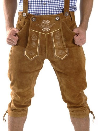 Leather Craft Mens Knee Breeches German Bavarian Lederhosen Oktoberfest Light Brown Lederhosen (34 Inches Waist)
