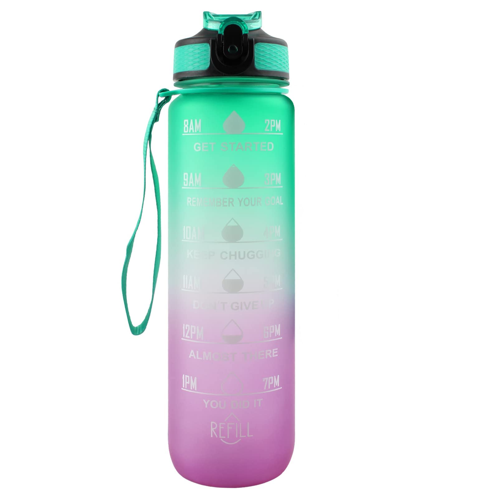 WANGCL 32oz Water Bottle with Straw Motivational Time Marker Portable Reusable Fitness Sports and Outdoor Water Jug （Green/Purple Gradient）