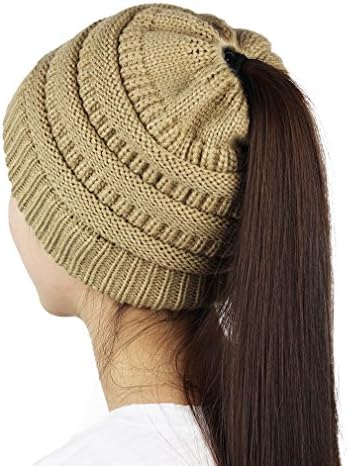 HOSONG Womens Ponytail Cap Warm and Soft Beanie Knitted Hat (One Size, Camel)