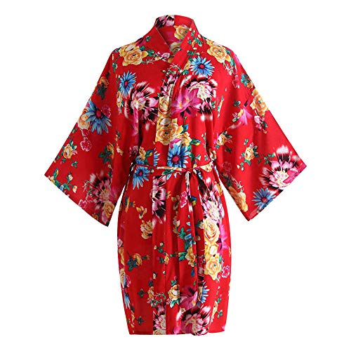 CofeeMO Women's Floral Print Kimono Satin Wrap Pajamas,Sexy Long Sleeve Sleepwear Ladies Robe(Red,Free Size)