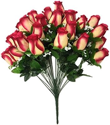 Silk Flower Garden 24 Heads Large Rose Bud Bouquet 24", Cream/Burgundy
