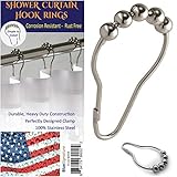 Blue Signature Decorative Shower Curtain Hooks and Rings, Set of 12, 100% Stainless - Chrome Polished Roller