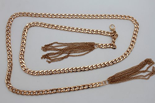 TFJ Women Fashion Belt Skinny Metal Chain Fringes Wrap Around S M Gold