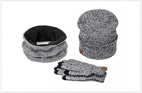 3-Pieces Winter Hat Set Warm Knit Beanie Caps + Scarf + Touch Screen Gloves, Fleece Lined Hat Scarf Set for Men Women