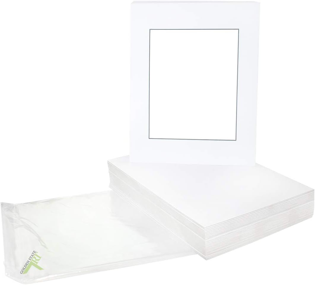 Golden State ArtAcid Free, Pack of 25 11x14 White Mats Mattes with Black Core Bevel Cut for 8x10 Photo + Backing + Bags