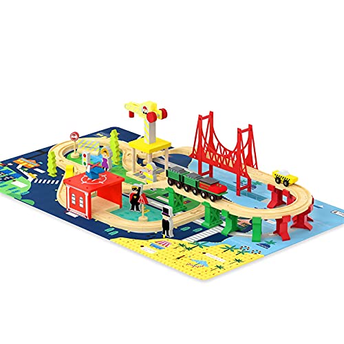 ROBUD Wooden Train Set Wooden Train Tracks for Kids with Crane Bridge