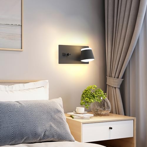 Sytmhoe 2 Pieces Wall Sconces with USB Charging Type C Bedroom, 16 W 3000 K Dimmable Rotatable Lamps for Wall Light Switch, Black Aluminium Led Lights Lamp Reading Lamp Bedside Wall