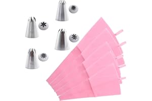 Vctitil Piping Bags and Tips Set - 5Pcs Reusable 10/12/14/16/18inch Pink Pastry Bags,4 Pcs Stainless Steel Icing Piping Nozzl