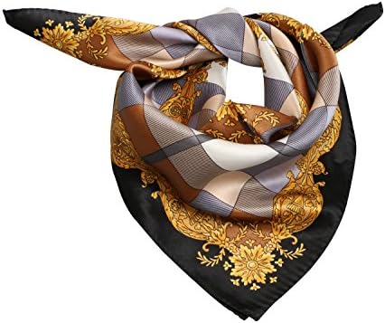 100% Silk Scarf Neckerchief Small Square Print Scarves Women (Palace Plaid Brown Black)