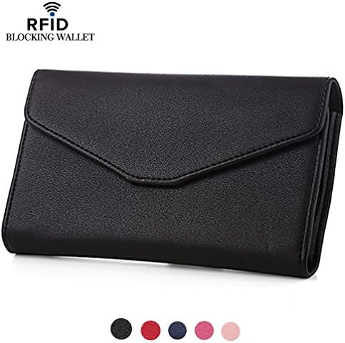 Women RFID Blocking Trifold Wallet PU Leather Lady Clutch Large Travel Purse Passport Checkbook Wallet Holder Multi-purpose Organizer - Black