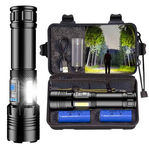 HANHUI Taschenlampe LED 10000 Lumen Extrem Hell Taschenlampen USB Aufladbar Taktische Taschenlampe mit COB Arbeitsleuchte 7 Lichtmodi IPX67 Wasserdicht Flashlight Zoombar für Camping Wandern Notfälle