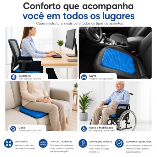 Almofada Ortopédica de Assento em Gel Silicone com Capa (Cóccix/Coluna) | Capa Lavável Antiderrapante, Para Cóccix, Coluna, Hemorroida, Para Idosos, Escritório, Cadeira de Rodas, Carro, Casa