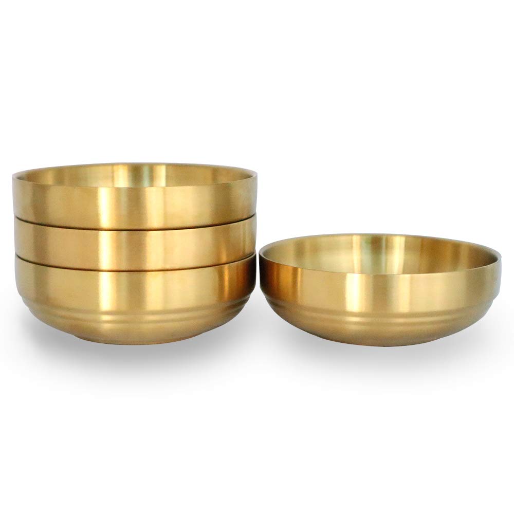 4PCS Large Double Deck Stainless Steel Sauce Dish, Round Condiment Tray, Sauce Plate, Sushi Dipping Bowls, Appetizer Trays, Condiment Dish for Restaurant, Home (12cm, Gold)