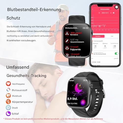 2026 Neu Smartwatch EKG+HRV/Blutdruckmessung/Harnsäure/BMI Herren Damen 1,97"AMOLED Gesundheitsuhr mit Telefonfunktion 24H Herzfrequenz Blutdruck Körpertemperatur SpO2, Schlaf-Monitor Fitnessuhr
