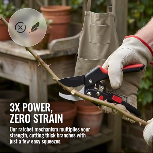Ratchet Secateurs for Gardening Heavy Duty - 3X Power Garden Secateurs Cutting Width 3/4 in for Weak Hands & Arthritis Sharp SK-5 Steel Pruning Shears & Garden Scissors