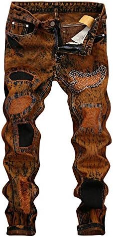 Creazrise Mens Distressed Ripped Biker Slim Jeans Stretched Denim Pants Orange