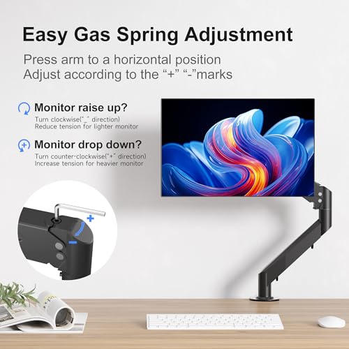 Suptek Single Monitor Arm Gas Spring, Monitor Arm Desk Mount for 17-35 inch Monitors up to 11kg, Tool Free Height Adjustable Screen Arm with Tilt Swivel Rotation, VESA 75/100mm, C-clamp/Grommet Option
