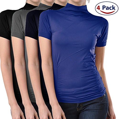 Kuda Moda 4 Pack Stretch Short Sleeve Mock Neck Turtleneck Blouse Top Shirt