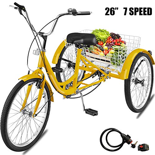 Happybuy 26inch Adult Tricycle 7 Speed Single Speed 3 Wheel Bike Adult Tricycle Trike Cruise Bike Large Size Basket for Recreation Shopping (Yellow/7-Speed)