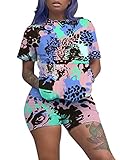 NVXIYYA Women 2 Piece Outfit Summer Short Sleeve Animal Print T-Shirts Bodycon Shorts Set Jumpsuit Rompers S-XXL