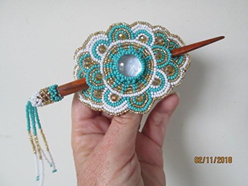Hand beaded turquoise white gold medallion with crystal accents Guatemalan Fair trade hair ornament clip stick barrette glass seed beads regalia pow wow. Guatemala ...boho design style beadwork