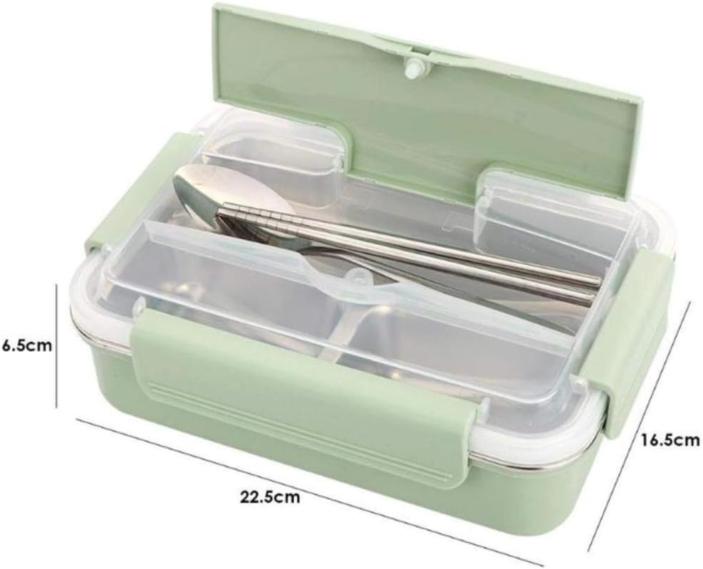 EDCV Stainless Steel Bento Box with Spoon Chopsticks Leak-Proof School Food Storage Container Dinnerware Set,Green 3 Grid