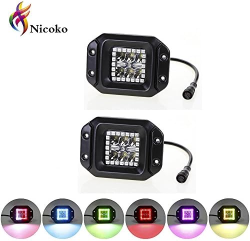 Nicoko 18w Flush mount Led work light with Chasing RGB halo ring for 10 Solid Color Changing with Strobe Flashing over 72 Modes Spotlights IP68 waterproof Free wiring harness 1 year warranty