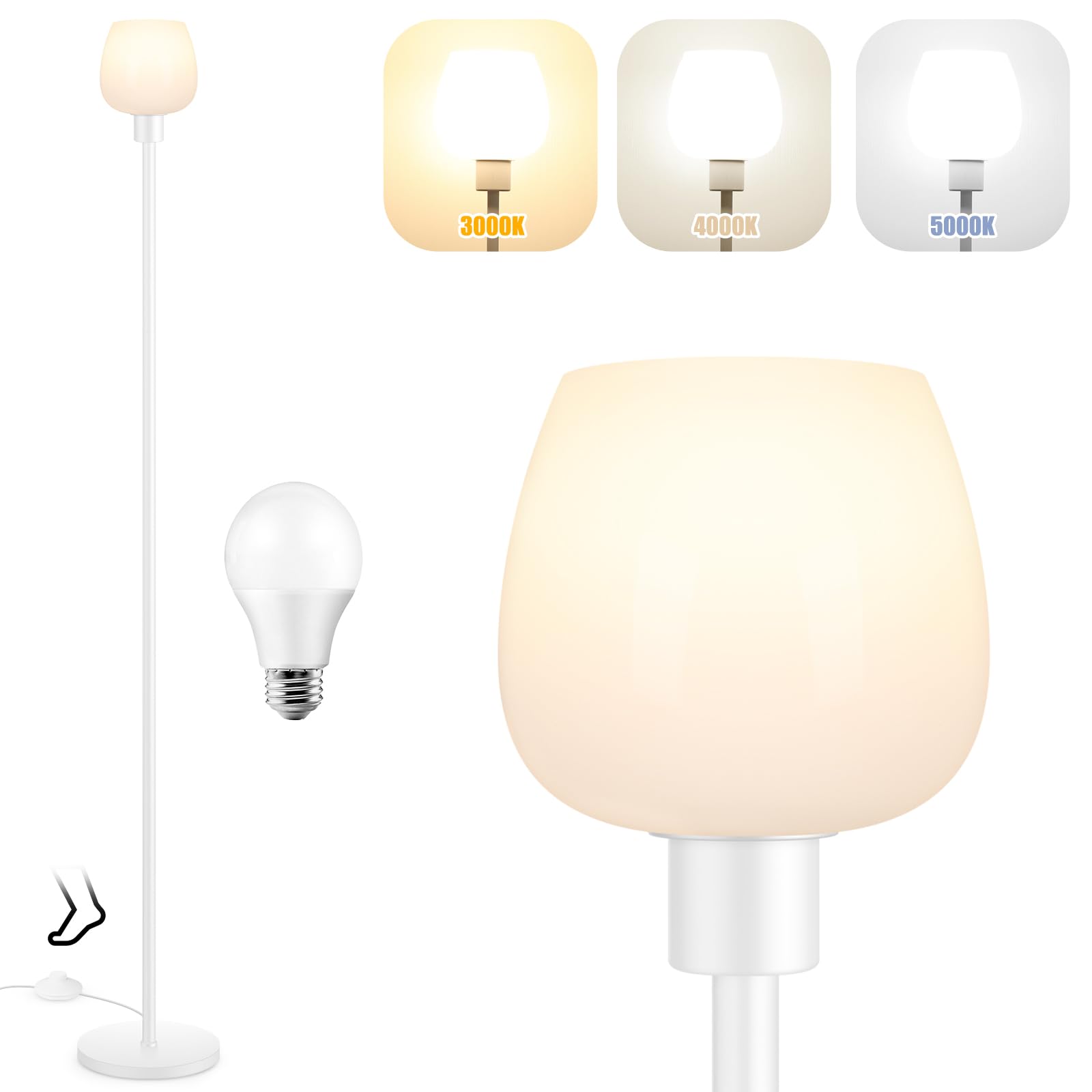 Photo 1 of 64.2'' White Floor Lamp, Modern Standing Lamp with Opal Glass Shade, 3 Color Temperatures LED Bulb Included, Foot Pedal Switch, Tall Pole Standing Lamps for Living Room, Office, Bedroom, Home Decor