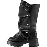 sexytag Women's Platform Slouchy Fold Over Boots Mid Calf Block Heel Round Toe Western Pull on Fashion Boot