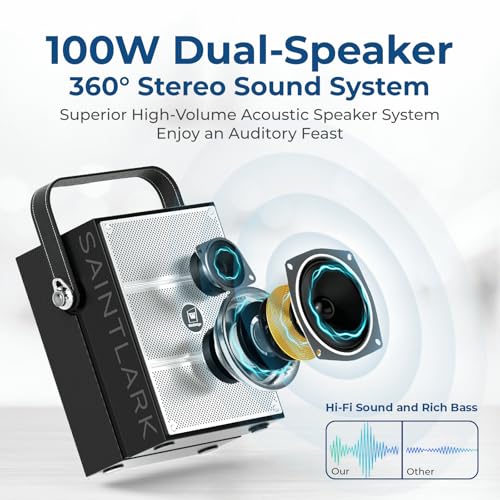 100W Powerful Voice Amplifier with 2 Wireless Microphones, Big Pro Sound Portable Speaker with Microphone, Bluetooth Speaker PA System Karaoke Machine Support BT/USB/TF Card/Aux/Guitar RBS99