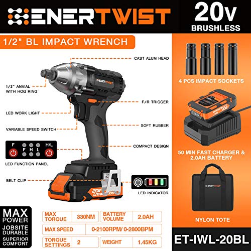 Enertwist 20V Max Brushless Impact Wrench, 1/2" Hog Ring Anvil, 2