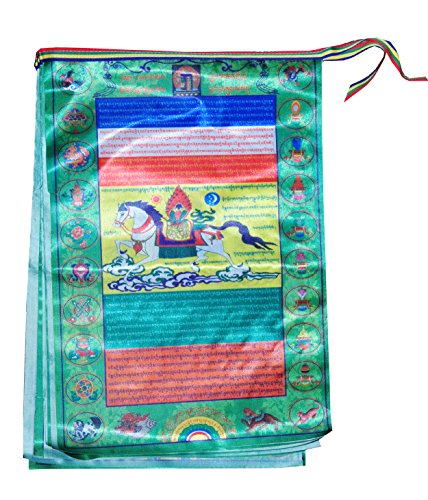Mudra Crafts Tibetan Buddhist Indoor Outdoor Satin Affirmation Windhorse Prayer Flags (Green Lungta) - Thumbnail 2
