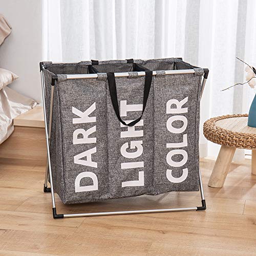 Hosroome 3 Sections Laundry Hamper Laundry Baskets with Aluminum Frame (24.5"x 15"x 23") Dirty Clothes Bag for Bathroom Bedroom Home College Use,Grey