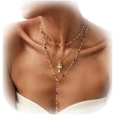 3Pcs Layered Colorful Crystal Necklace for Women,Metal Cross Pendant Clavicle Chain,Summer Neck Chain Jewelry,Wedding Bridal Rhinestone Body Chain
