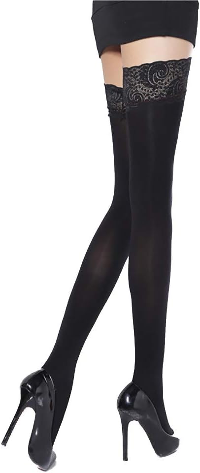 Ambysun Sexy Thigh High Sheer Opaque Cuban Heel Stockings with Lace Top Over The Knee