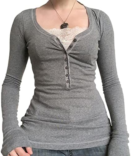 Y2k Fairy Grunge Shirts Long Sleeve Slim Fitted V Neck Henley 